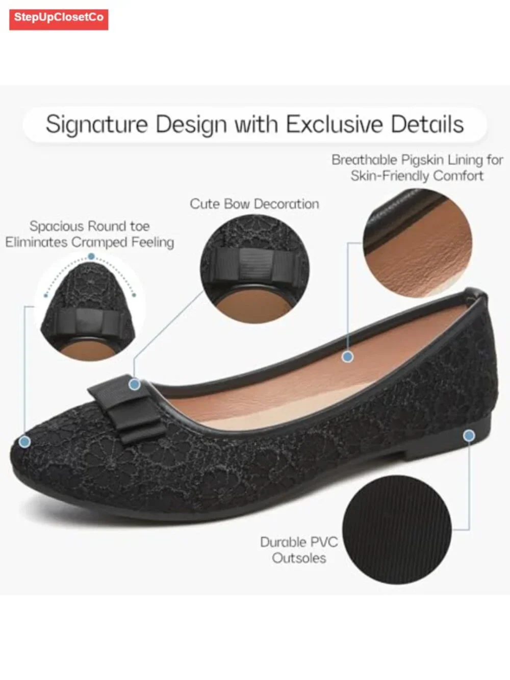 Lace Ballet Flats with Memory Foam Insole - Comfortable Slip On Dress Shoes for